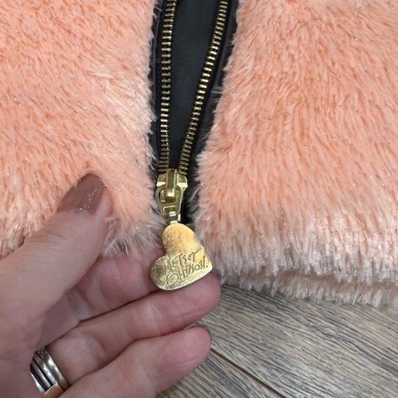 Betsey Johnson Fuzzy Sparkly Peach Coat with Faux Leather Sleeves - Picture 11 of 15